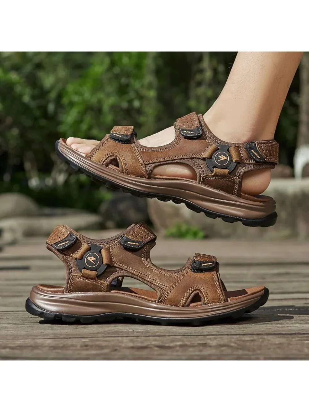 Mens Brown Adjustable Strap Open Toe Leather Athletic Sport Hiking Sandal Shoes